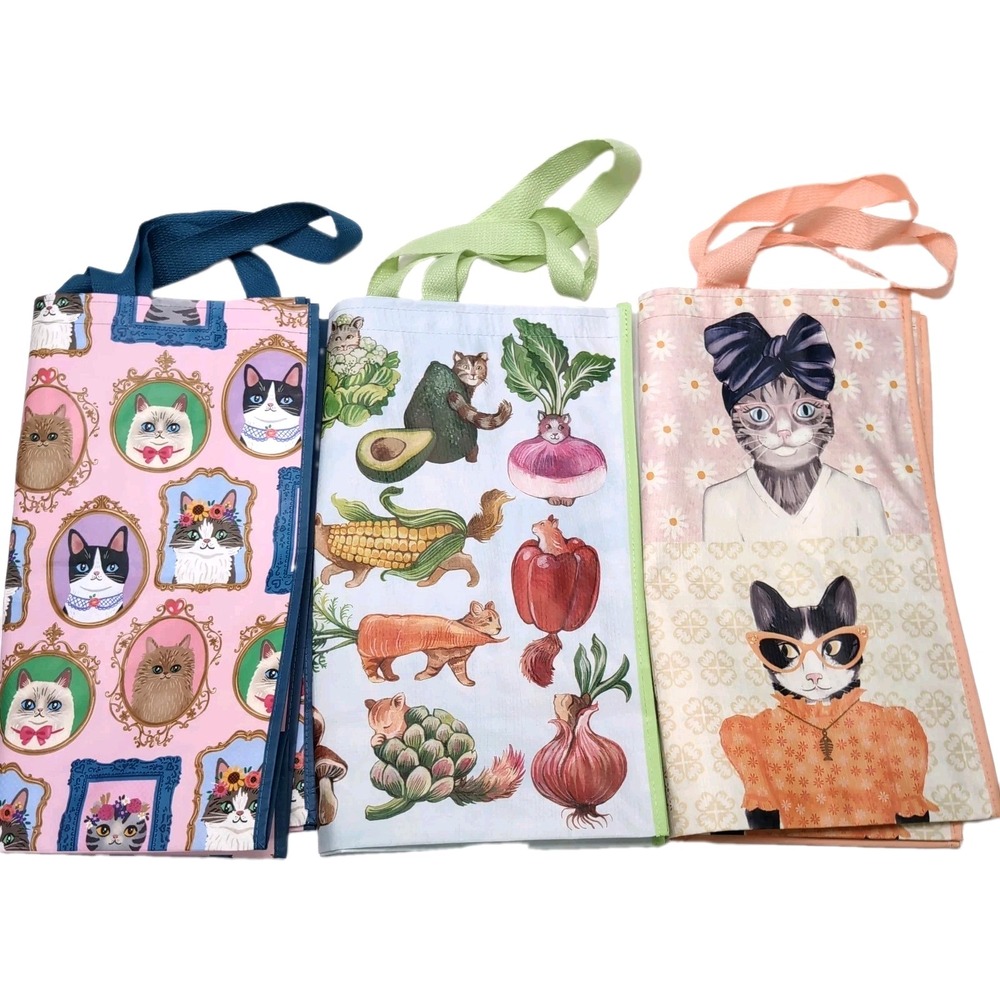 NEW 3 Cat Reusable Shopping Totes Bags‎ Frames Hats Vegetables Marshalls TJMaxx